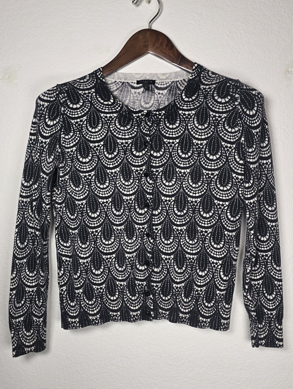 Talbots Black White Geometric Teardrop Cardigan Sweater SP